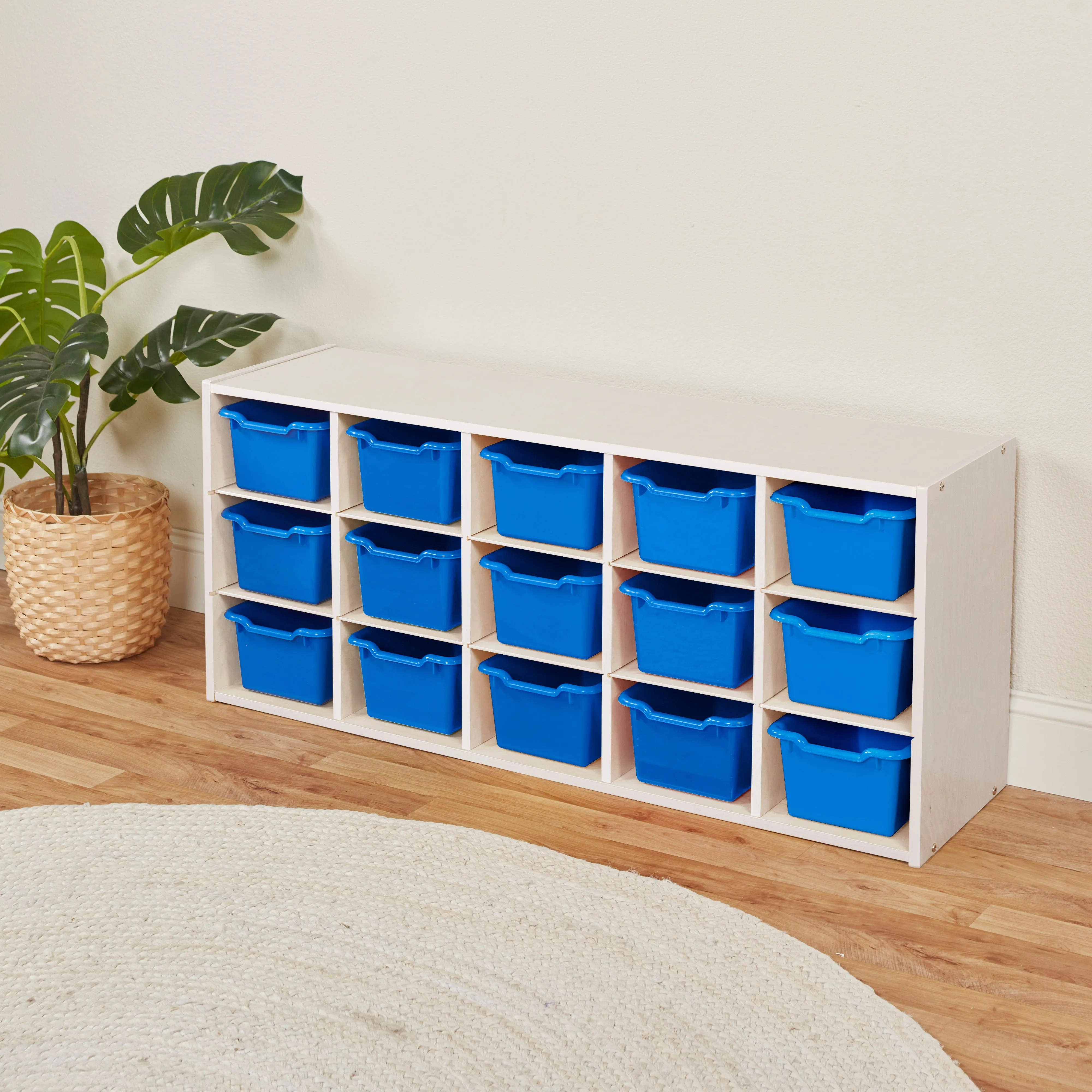 Streamline 15 Cubby Tray Cabinet with Scoop Front Storage Bins, 3x5, White Wash, Classroom Furniture