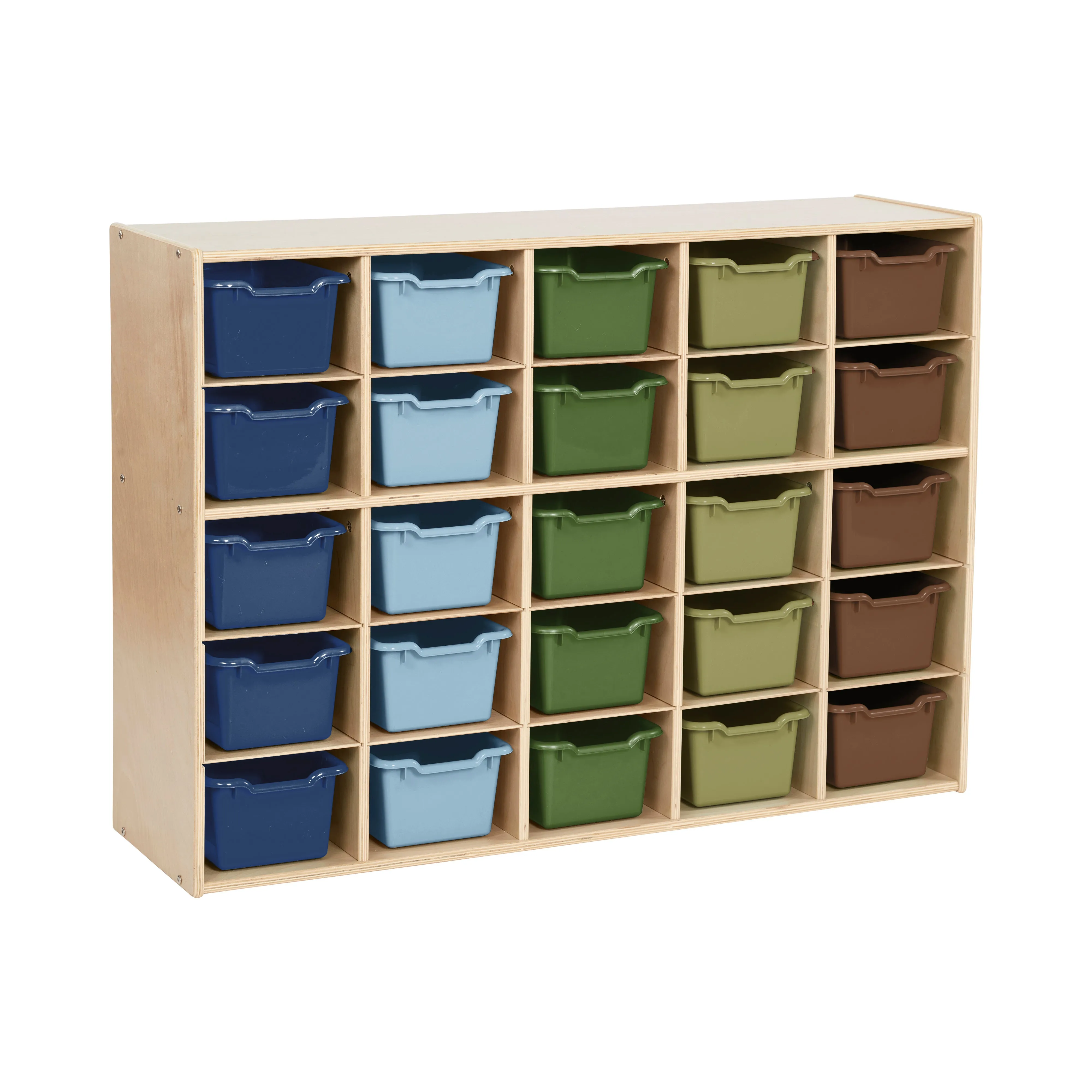 Streamline 25 Cubby Tray Cabinet with Scoop Front Storage Bins, 5x5, Natural, Classroom Furniture