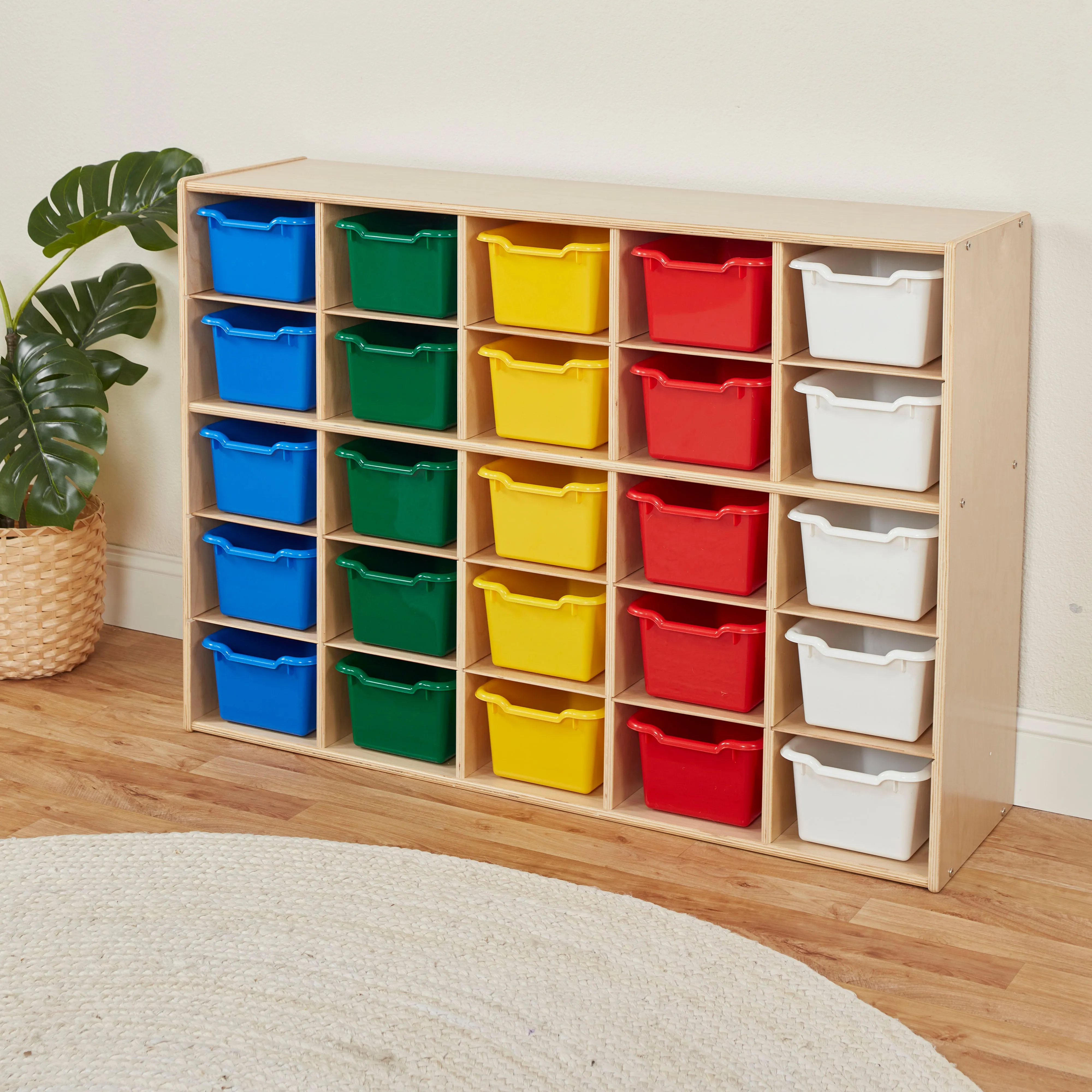 Streamline 25 Cubby Tray Cabinet with Scoop Front Storage Bins, 5x5, Natural, Classroom Furniture