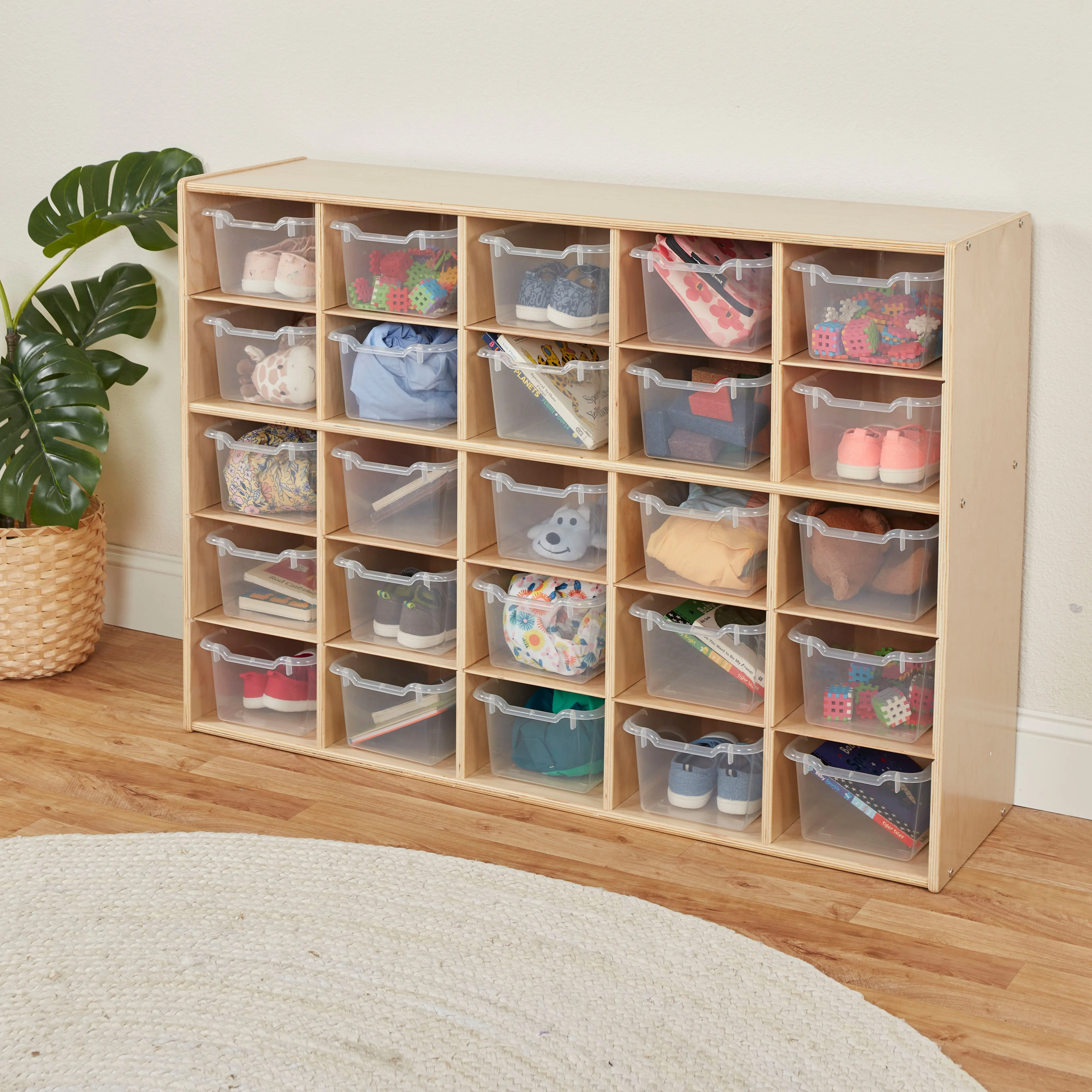 Streamline 25 Cubby Tray Cabinet with Scoop Front Storage Bins, 5x5, Natural, Classroom Furniture