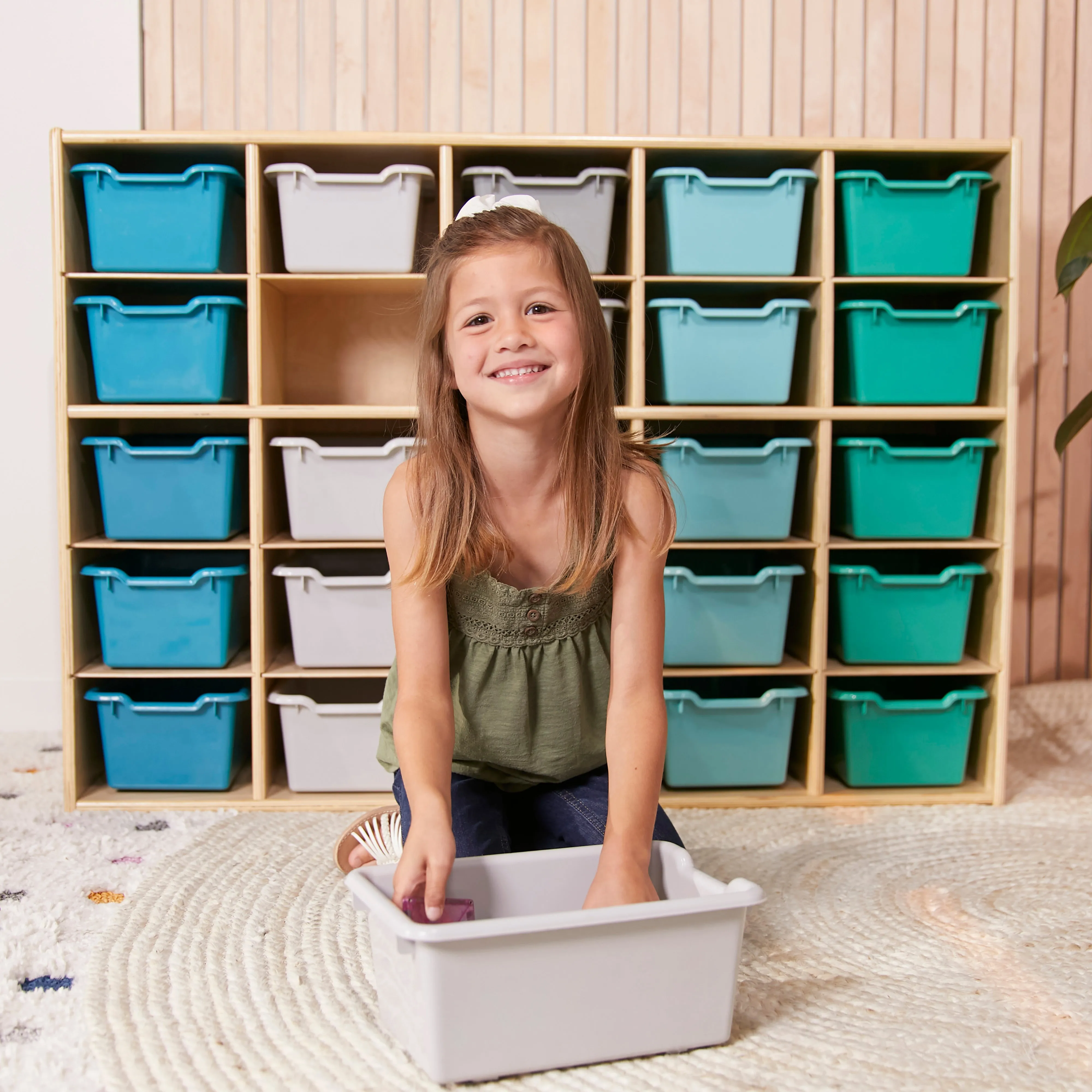 Streamline 25 Cubby Tray Cabinet with Scoop Front Storage Bins, 5x5, Natural, Classroom Furniture