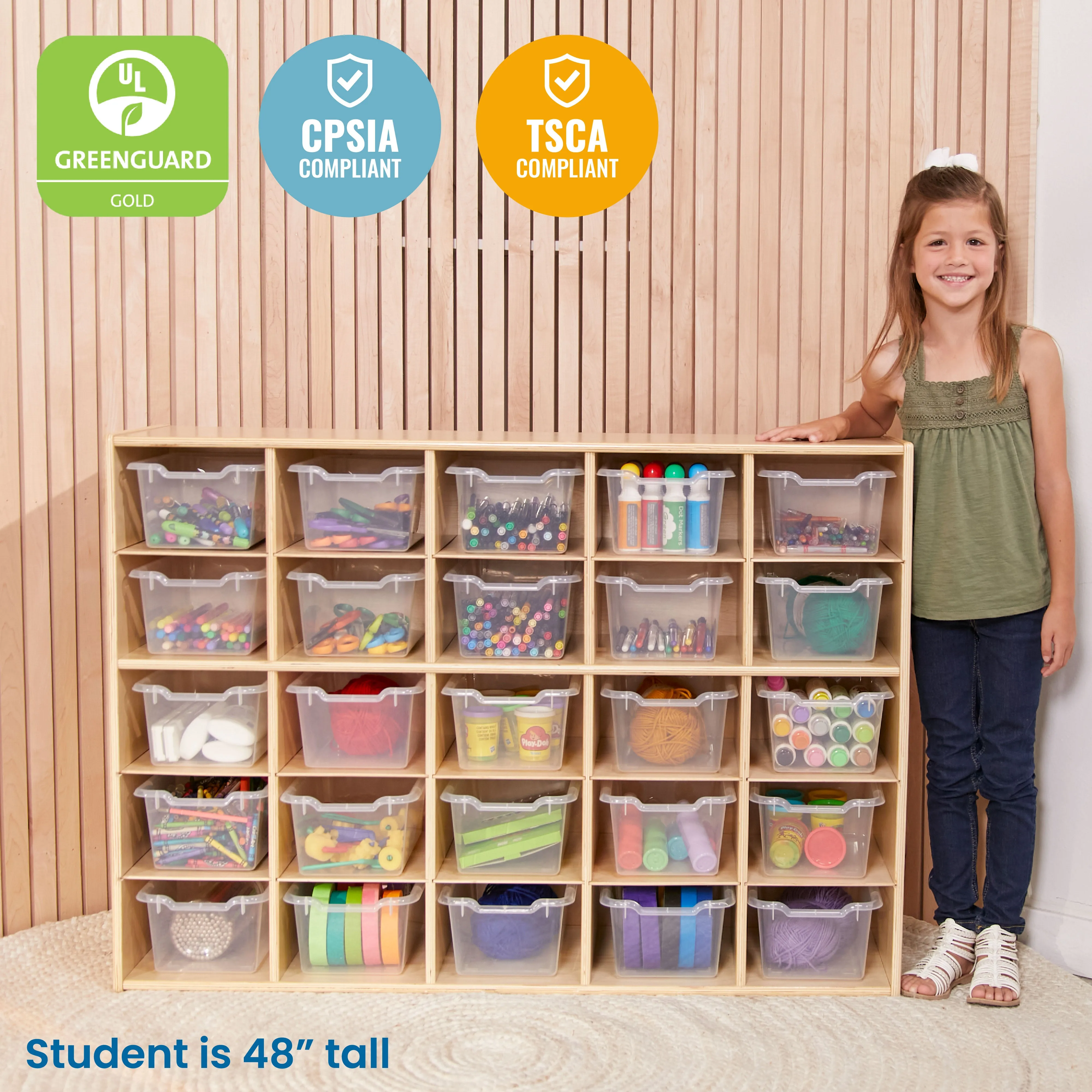 Streamline 25 Cubby Tray Cabinet with Scoop Front Storage Bins, 5x5, Natural, Classroom Furniture