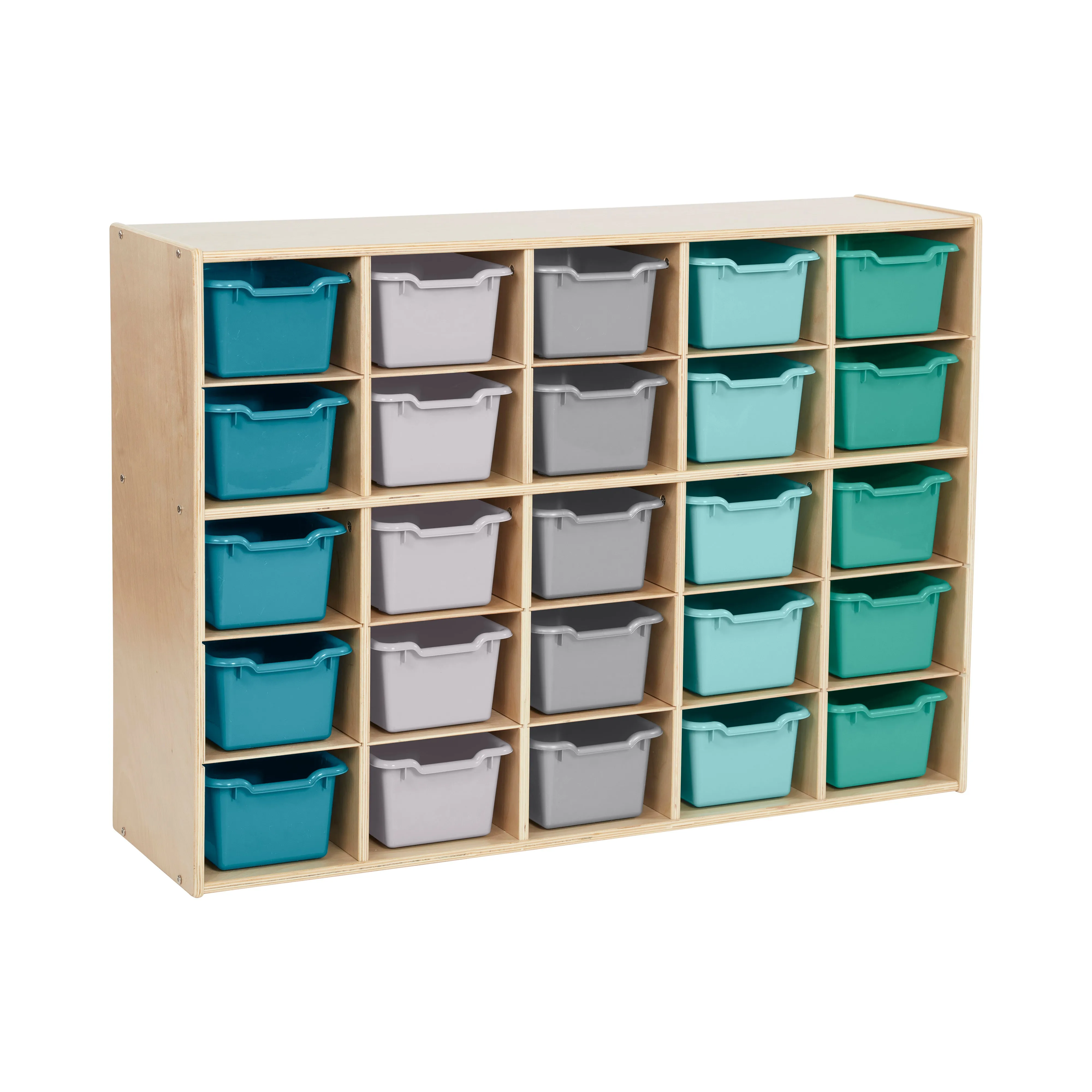 Streamline 25 Cubby Tray Cabinet with Scoop Front Storage Bins, 5x5, Natural, Classroom Furniture