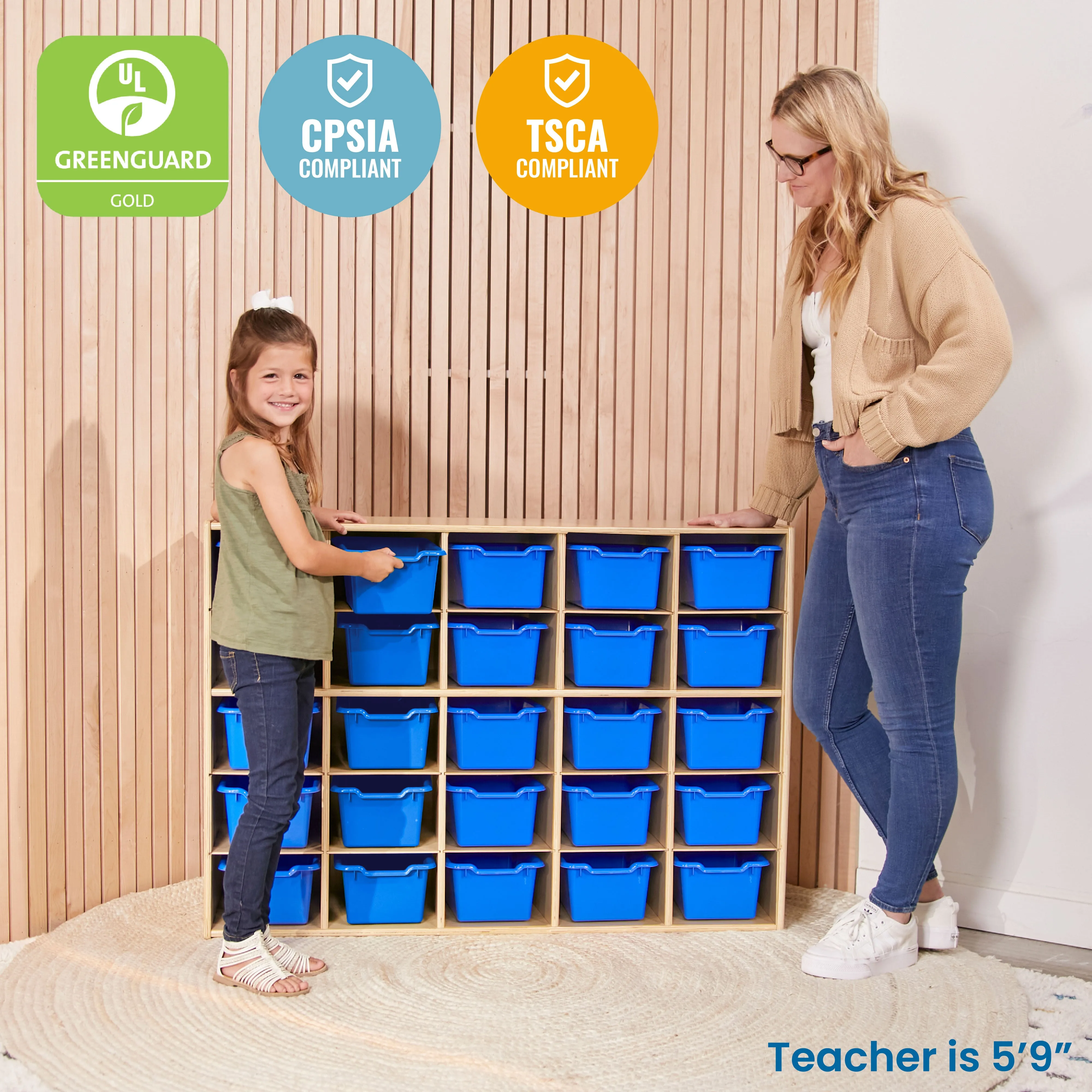 Streamline 25 Cubby Tray Cabinet with Scoop Front Storage Bins, 5x5, Natural, Classroom Furniture