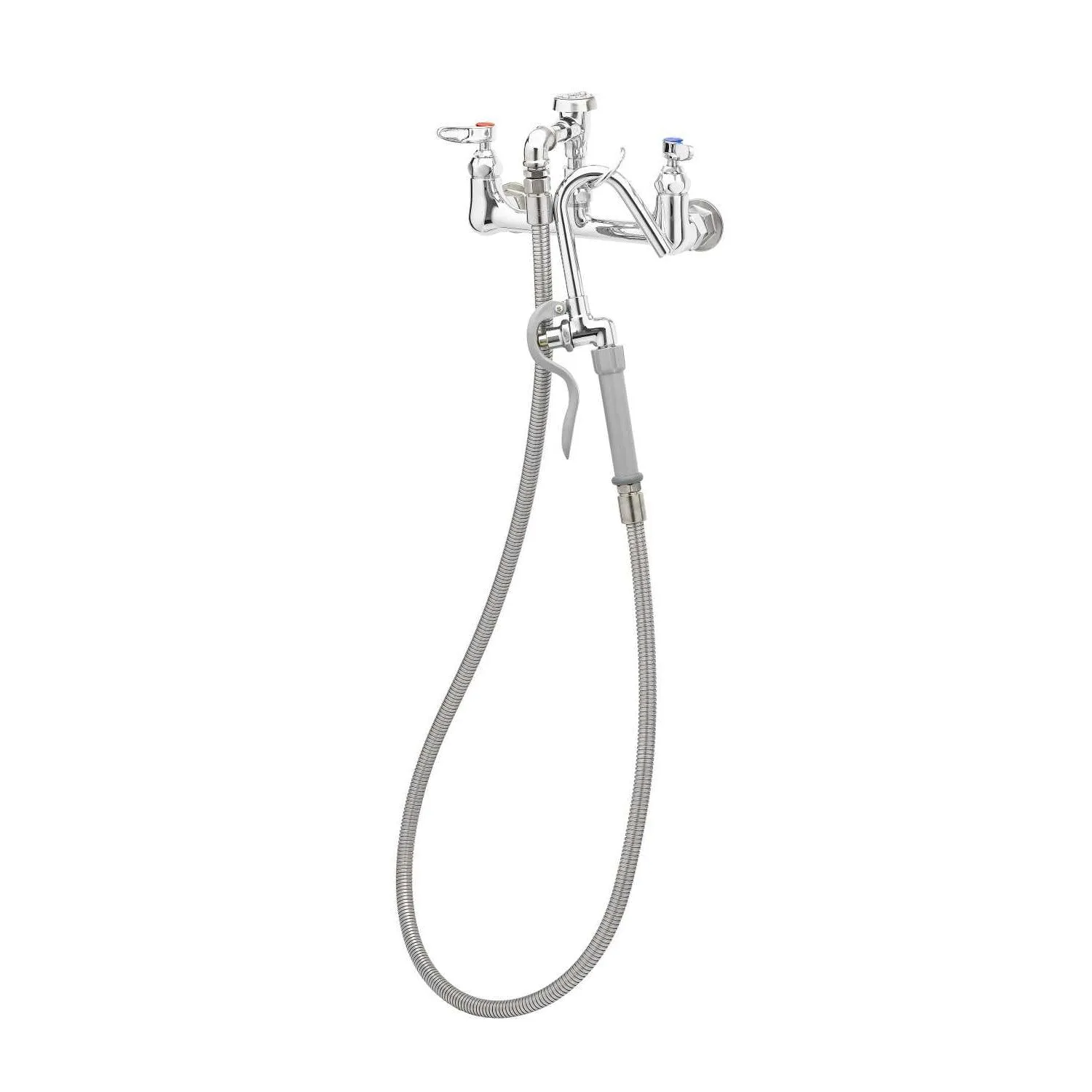 T&S Brass B-0610 Pot Filler, Wall Mount, 8" Centers, Vacuum Breaker, 68" Hose w/ Self Closing Hook Nozzle