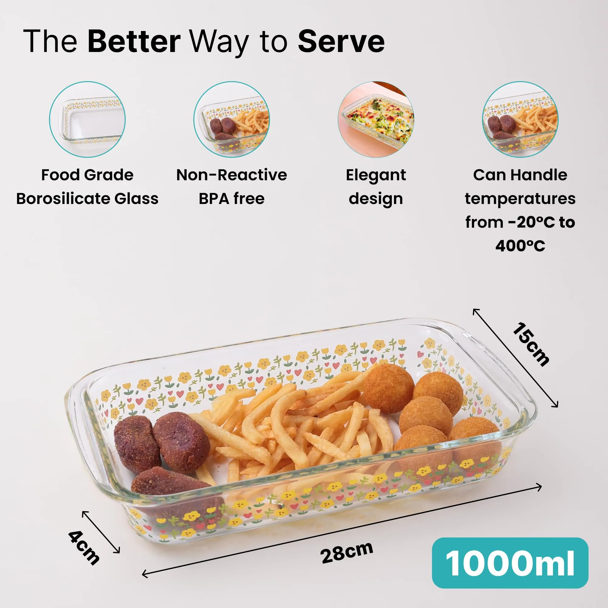 The Better Home Zeno (1L) Borosilicate Glass Baking Tray For Microwave Oven | Baking Dish | Baking Pan | Bake & Serve Dish | Bakeware | Glass Bowl For Microwave | Dishwasher Safe (Printed)