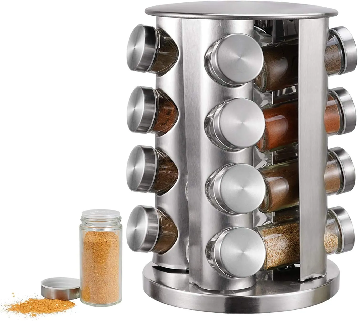 TRAY Spice Jar Rack Revolving Countertop Organizer, Seasoning Spice Carousel Set Stainless Steel Stand Storage Holder with 16 Pieces Glass Bottle Namak Dani for Kitchen Restaurant Hotel, Corner Shelf