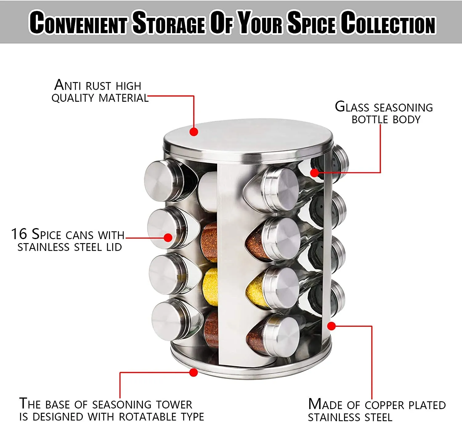 TRAY Spice Jar Rack Revolving Countertop Organizer, Seasoning Spice Carousel Set Stainless Steel Stand Storage Holder with 16 Pieces Glass Bottle Namak Dani for Kitchen Restaurant Hotel, Corner Shelf