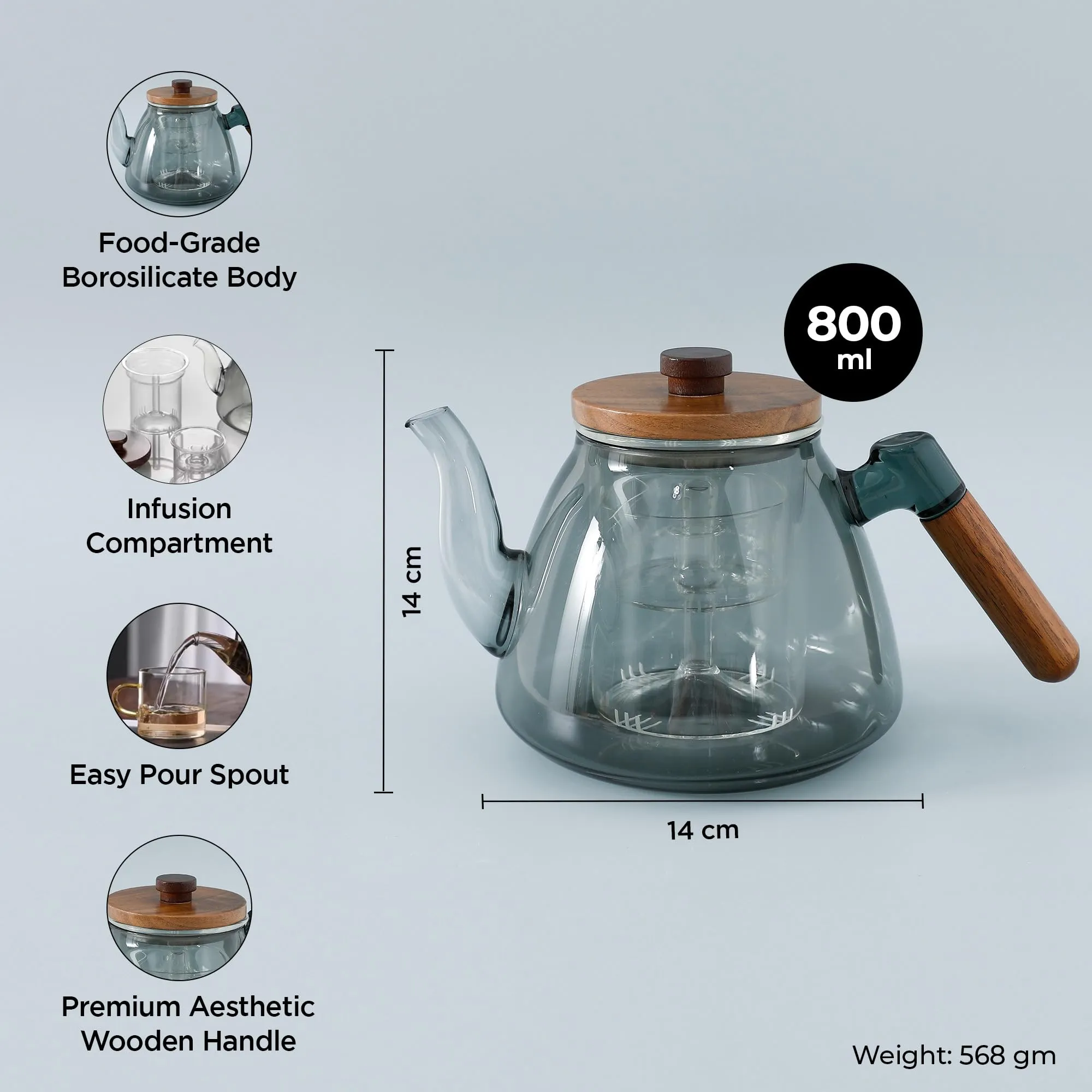 UMAI Borosilicate Glass Tea Pot (800ml)| Glass Kettle For Gas Stove | Stovetop Safe with Removable Glass Infuser Bamboo Handle & Lid | Tea Kettle Glass | Teapot | Tea Maker Kettle | Tea Infuser Kettle