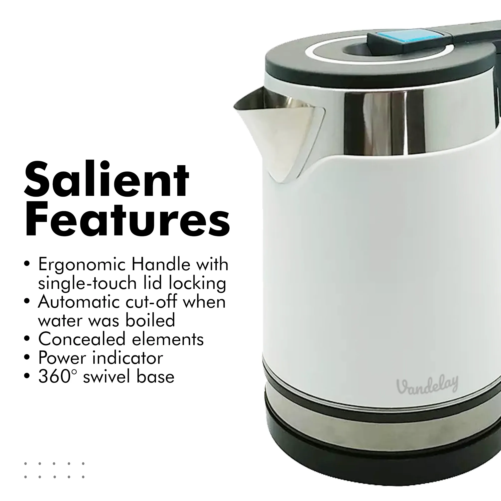 Vandelay Electric Kettle (1.7L) - Double Wall, Cool Touch Kettle with Dry-Boil Protection