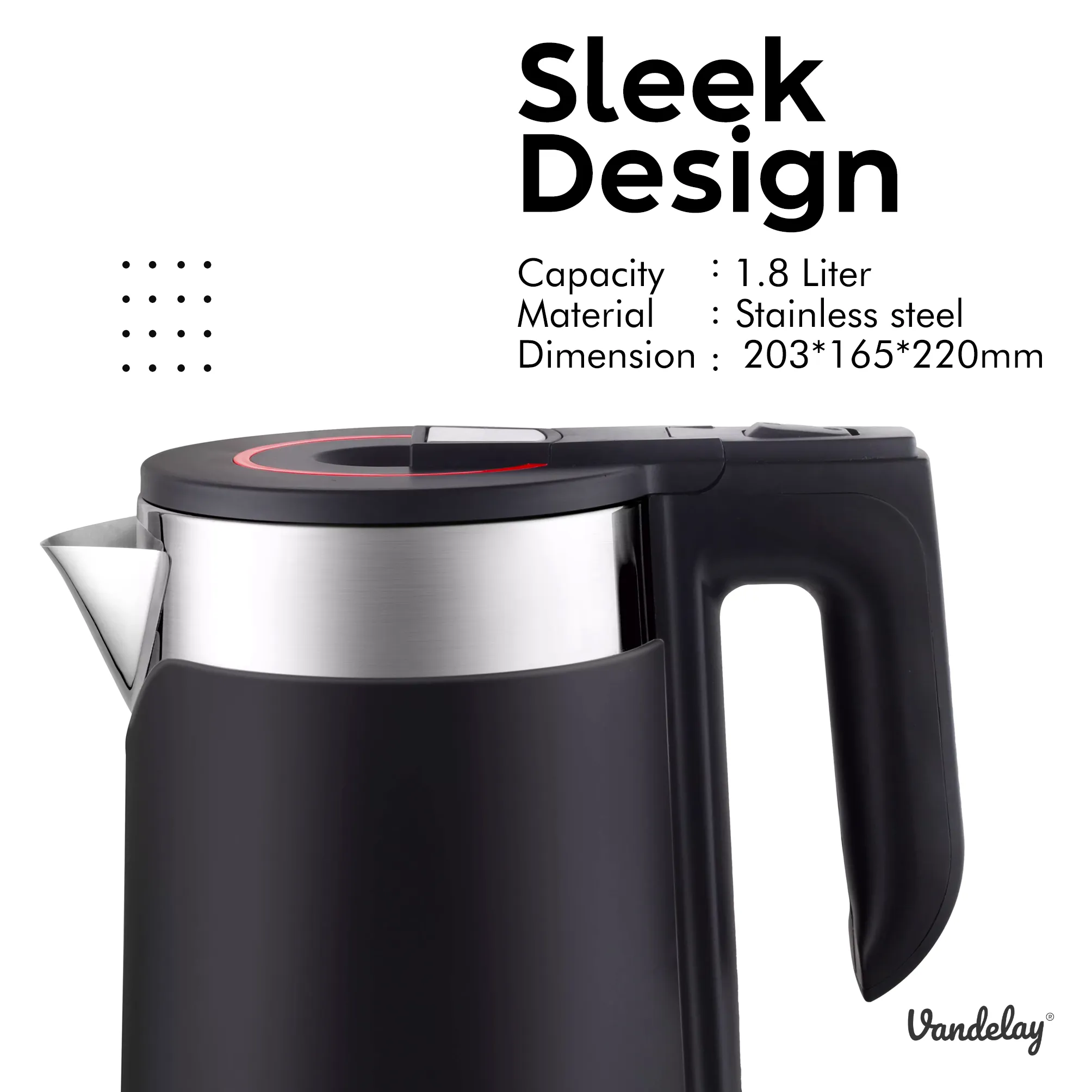 Vandelay Electric Kettle (1.7L) - Double Wall, Cool Touch Kettle with Dry-Boil Protection