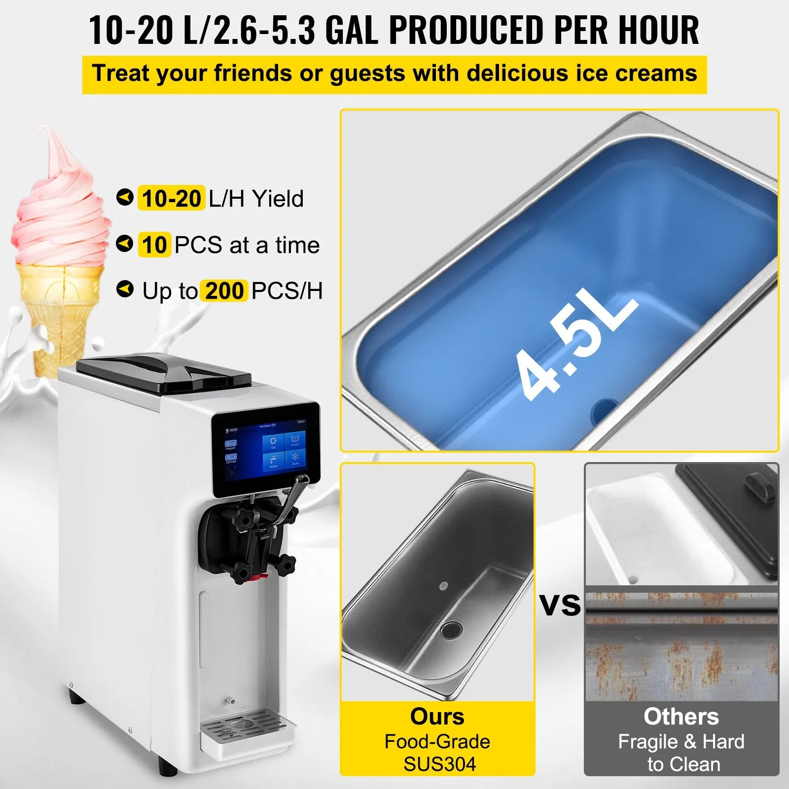 Vevor Commercial Ice Cream Maker with Touch Screen 2.5-5 Gal./Hr Yield 1000W New