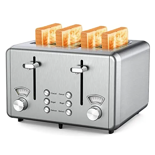 WHALL 4 Slice Toaster Stainless Steel,Toaster-6 Bread Shade Settings,Bagel/Defrost/Cancel Function with Dual Control Panels,Extra Wide Slots,Removable Crumb Tray,for Various Bread Types 1500W