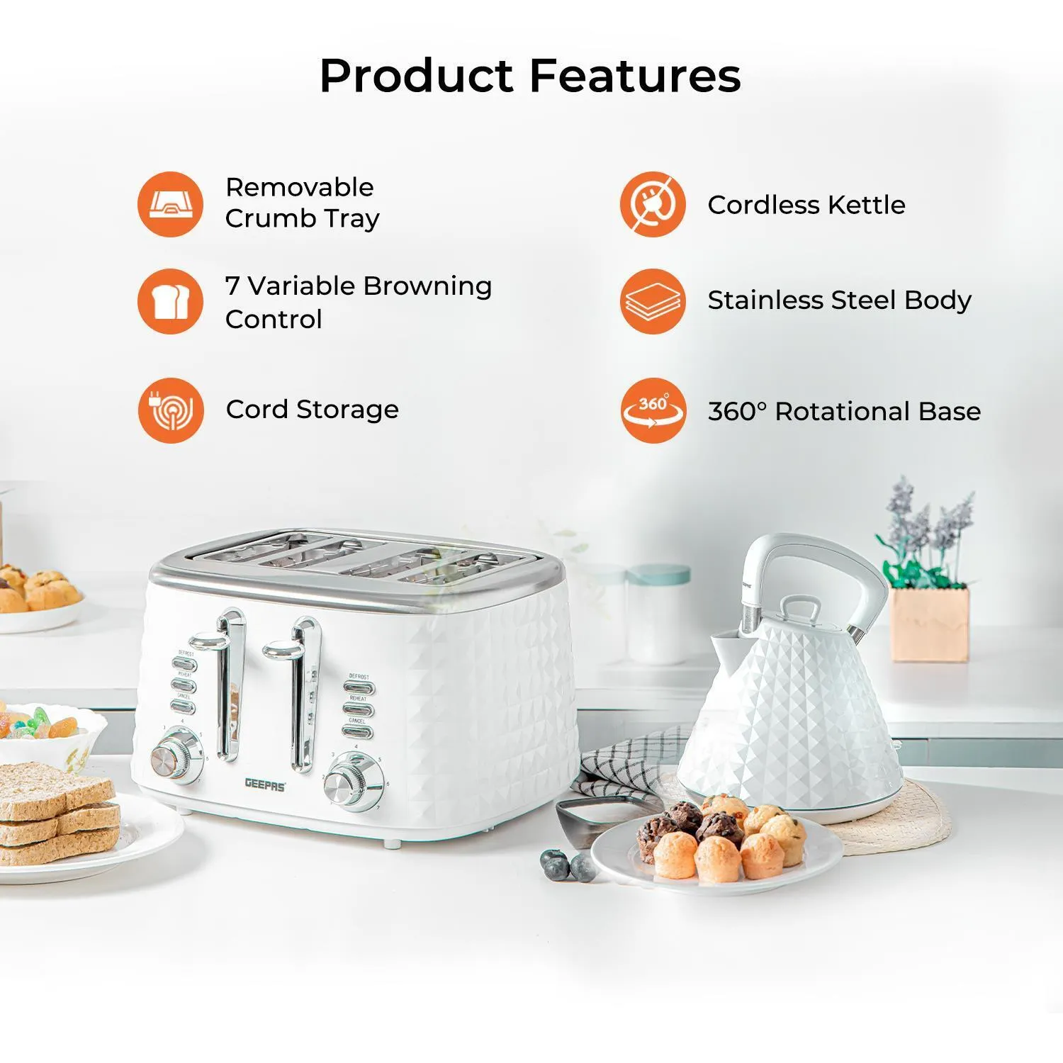 White Short Diamond Four-Slice Toaster and Kettle Set