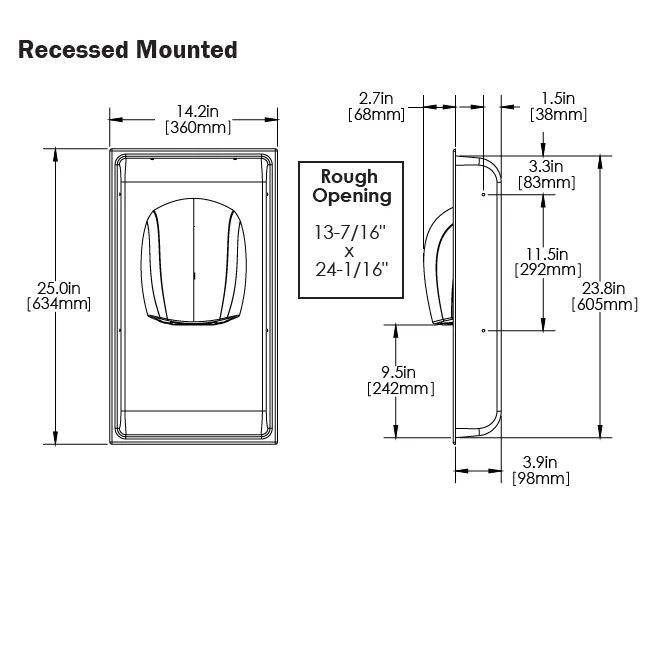 WORLD DRYER® KJR-973 Airforce™ J-Series RECESS KIT - Stainless Steel Brushed (Satin) Finish (HAND DRYER NOT INCLUDED)